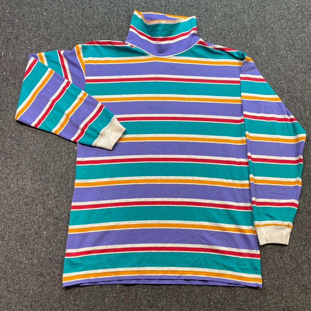 French Navy Turtleneck TShirt Sz L Womens Multi Color‎ Stripe 90s Retro Pocket